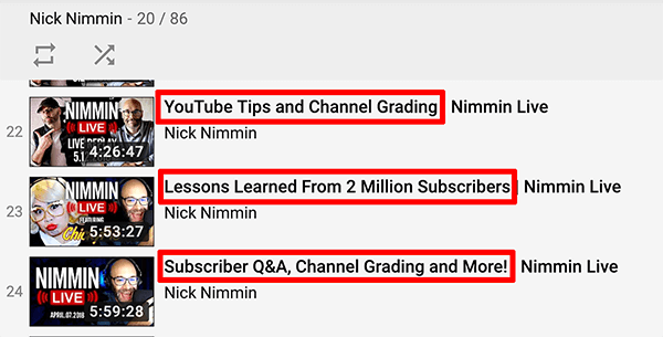 Ini adalah tangkapan layar dari judul video langsung YouTube dari saluran Nick Nimmin.