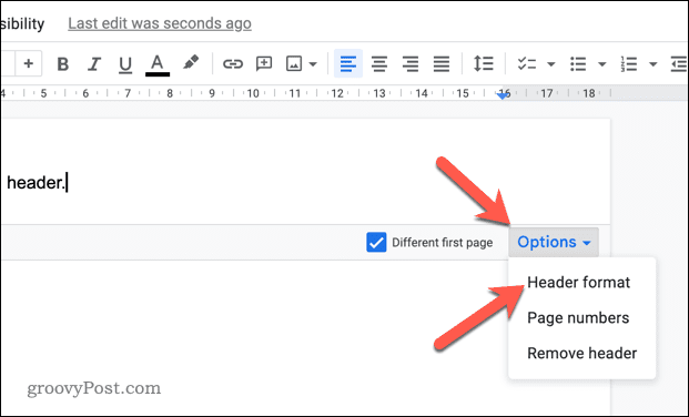Buka menu opsi format Header di Google Docs