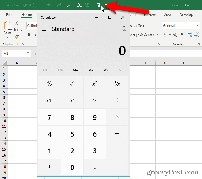 Kalkulator Windows pada Bilah Alat Akses Cepat di Excel