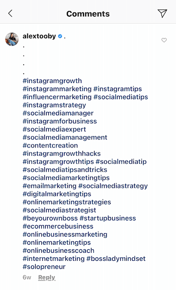 contoh posting Instagram komentar oleh @alextooby terdiri dari 30 tagar yang relevan