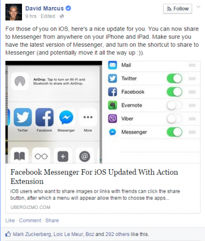 "Pengguna Facebook Messenger dengan iPhone atau iPads sekarang dapat berbagi foto atau tautan langsung ke aplikasi setelah pembaruan untuk aplikasi iOS."