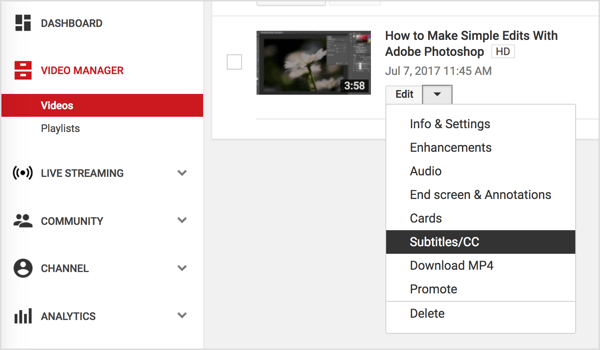 Arahkan ke video YouTube Anda dan pilih Subtitel / CC dari menu tarik-turun Edit.