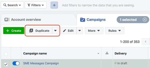 Cara mengonversi pengunjung situs web dengan iklan Facebook Messenger, langkah 1, kampanye duplikat