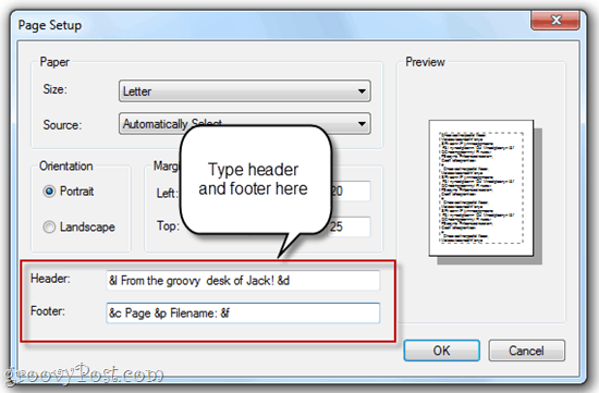 Edit Header / Footer di Notepad