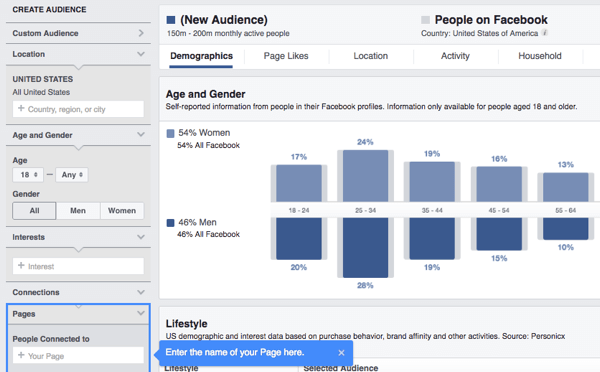 Teliti demografi, minat, dan perilaku penggemar Facebook Anda menggunakan Audience Insights.
