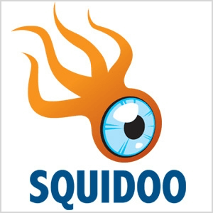 Ini tangkapan layar dari logo Squidoo, yaitu makhluk berwarna oranye dengan empat tentakel dan bola mata biru besar.