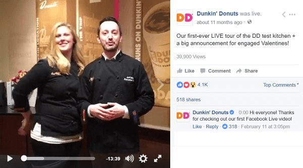Dunkin Donuts menggunakan video Facebook Live untuk membawa penggemar ke balik layar.