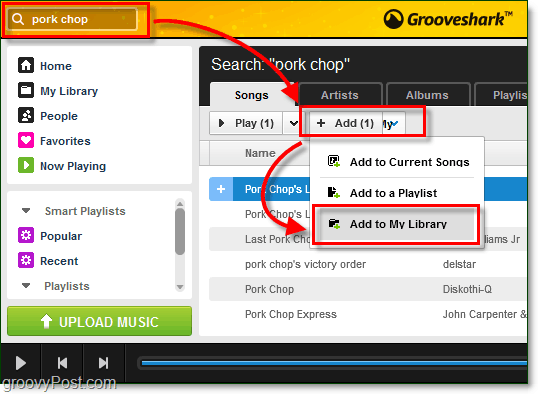 tambahkan lagu yang dicari ke perpustakaan musik Grooveshark Anda