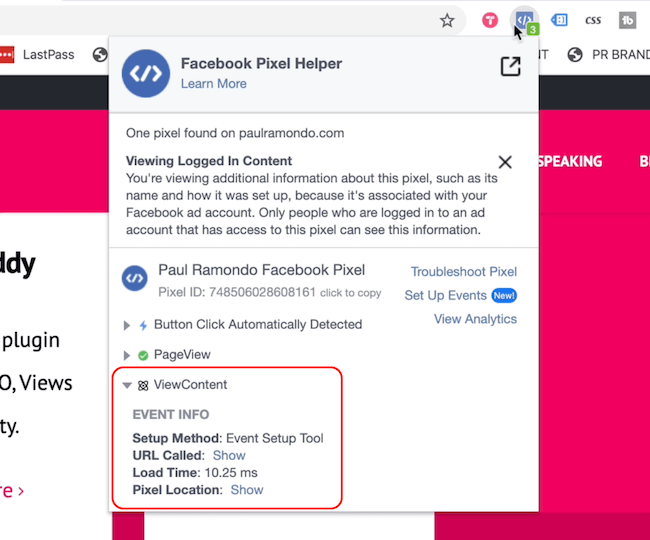 Facebook Pixel Helper menampilkan acara Page View dan View Content