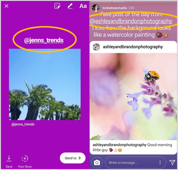 Tambahkan kotak teks yang mencantumkan pengguna asli dan tandai mereka di kiriman Instagram yang dibagikan ulang.