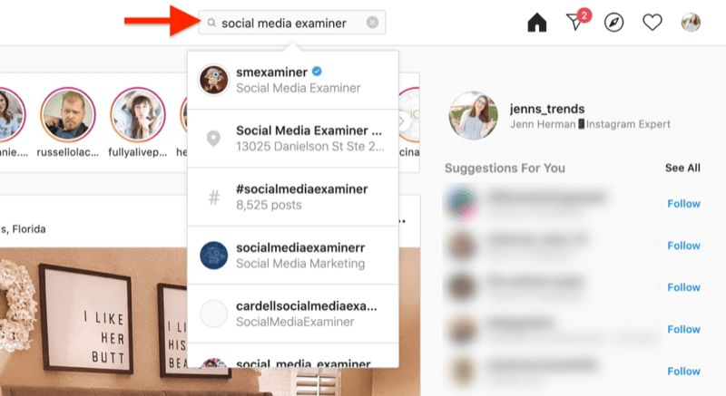Tangkapan layar desktop menunjukkan pencarian akun instagram menggunakan istilah pencarian pemeriksa media sosial