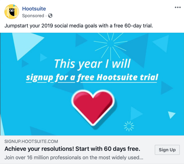 Teknik iklan Facebook yang memberikan hasil, misalnya dengan menawarkan uji coba gratis oleh Hootsuite