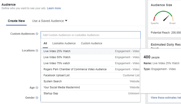 Saat Anda memilih audiens untuk iklan Facebook Anda, pastikan untuk memilih audiens khusus dari orang-orang yang melihat video langsung Anda.