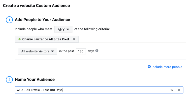 mengatur audiens khusus situs web Facebook dari semua pengunjung situs web dalam 180 hari terakhir