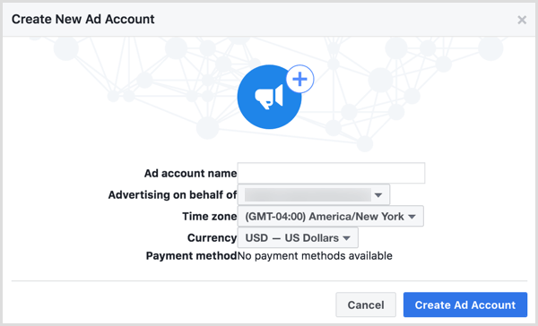 Gunakan nama bisnis Anda ketika diminta untuk memberi nama akun iklan Facebook baru Anda.