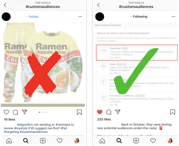 Cara mengembangkan pengikut Instagram Anda secara strategis, langkah 12, temukan contoh posting yang relevan, contoh posting baik dan buruk