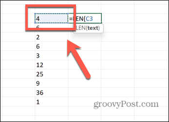 excel len pilih sel