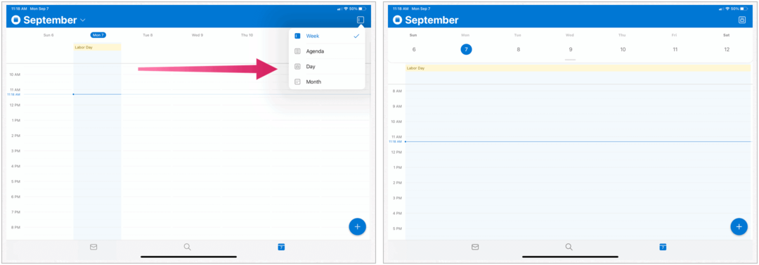 Microsoft Outlook di iPad, tampilan kalender
