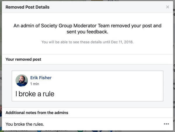 Tampaknya Grup Facebook memberi admin opsi untuk membagikan alasan mengapa sebuah posting dihapus kepada orang yang mempostingnya.