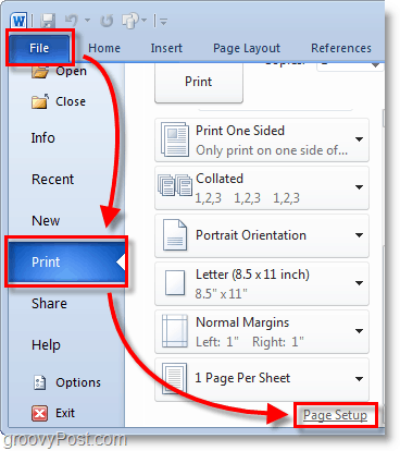 Screenshot Micosoft Word 2010 pilih file> menu cetak dari latar belakang dan kemudian klik pengaturan halaman di word 2010