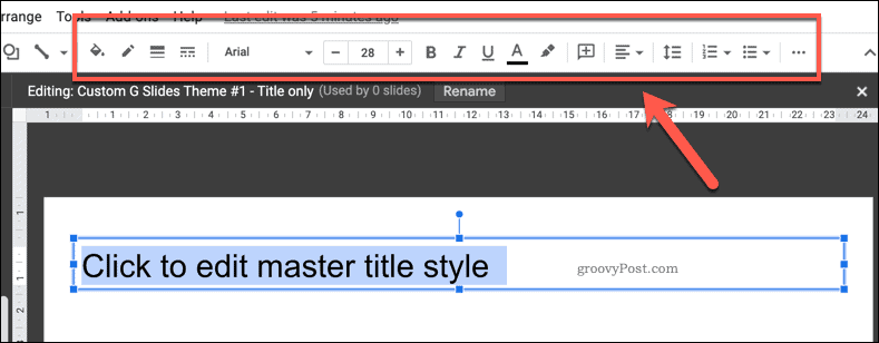 Pilihan untuk menyesuaikan kotak teks template di Google Slides