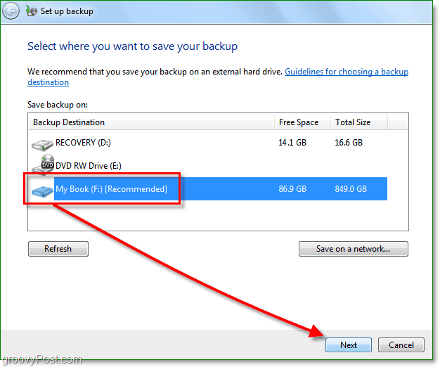 Windows 7 Backup - pilih lokasi cadangan