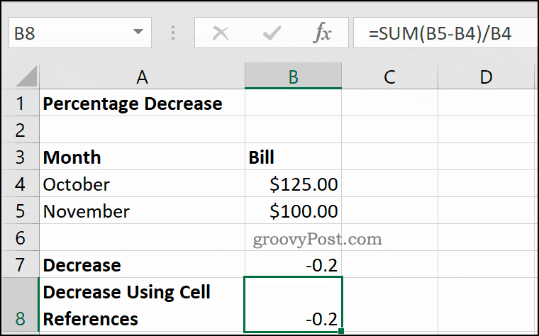 Contoh persentase menurun di Microsoft Excel