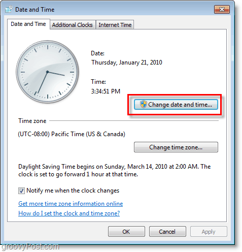 Tangkapan layar Windows 7 - ubah tanggal dan waktu