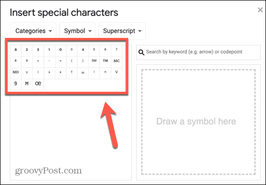 karakter superskrip google docs