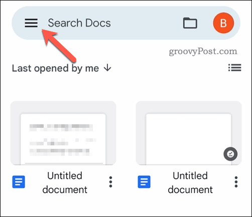 Buka menu seluler Google Documents