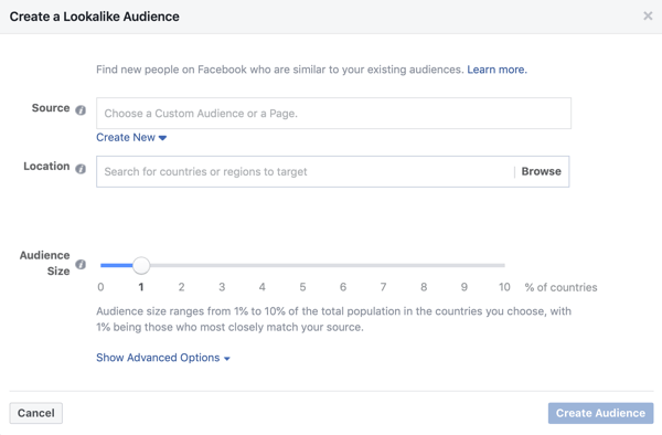 Pengaturan jika menggunakan audiens yang mirip untuk kampanye iklan utama Facebook.