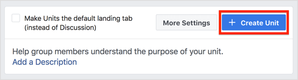 Buka tab Unit untuk grup Facebook Anda dan klik Buat Unit.