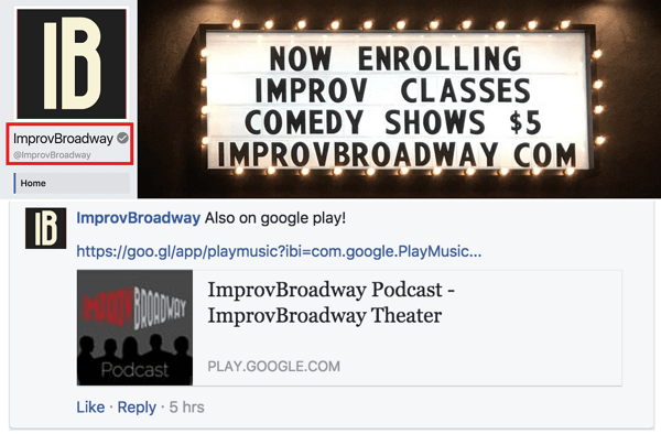 Perhatikan bahwa halaman Facebook ImprovBroadway memiliki tanda centang abu-abu di sebelah namanya di bagian atas; Namun, itu tidak muncul di samping nama dalam posting atau komentar.