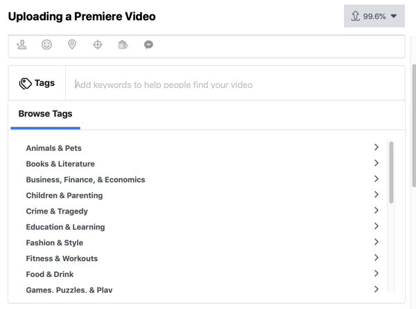 Cara mengatur Premiere Facebook, langkah 4, tag video