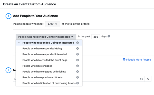 Cara mempromosikan acara langsung Anda di Facebook, langkah 11, buat acara audiens khusus dari orang-orang yang merespons pergi atau tertarik dengan acara Anda
