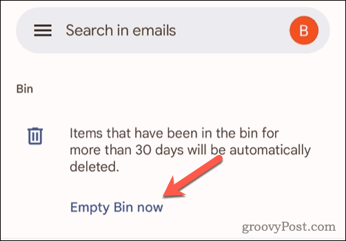 Opsi kosongkan sampah di Gmail di ponsel