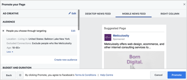 Facebook akan secara otomatis mengisi pengaturan audiens berdasarkan halaman lokasi Anda. 