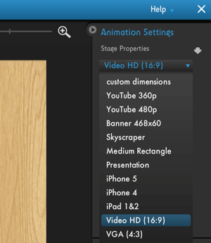 Klik menu Pengaturan Animasi Moovly untuk melihat opsi pengoptimalan platform video.