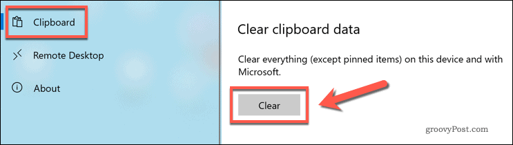 Menghapus riwayat clipboard Windows 10 di Pengaturan Windows