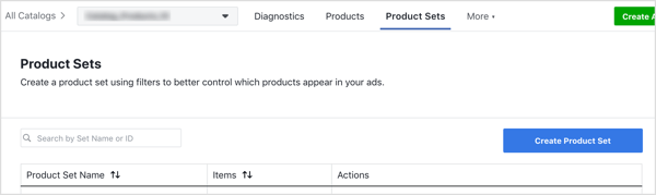 Pada tab Product Sets, klik tombol Create Product Set.