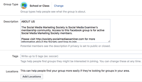Berikan detail tambahan tentang grup Facebook Anda agar orang lebih mudah menemukannya.