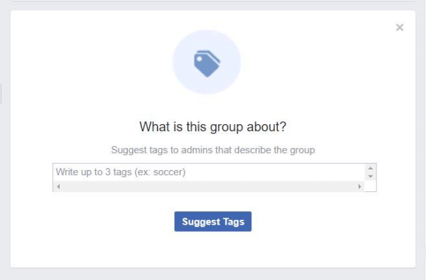 Munculan yang ditemukan di Grup Facebook meminta anggota untuk menyarankan tag yang menggambarkan grup tersebut.