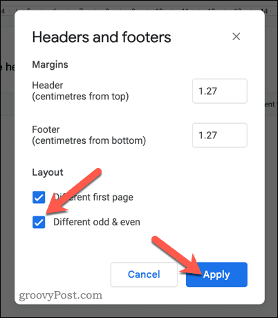 Tetapkan header dan footer genap dan ganjil yang berbeda di Google Docs