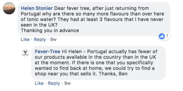 Contoh Pohon Demam yang menanggapi pertanyaan pelanggan di kiriman Facebook.