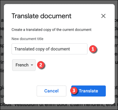 Opsi terjemahan di Google Dokumen
