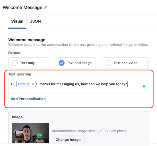 Cara menargetkan prospek hangat dengan iklan Facebook Messenger, langkah 12, contoh personalisasi template kustom tujuan messenger