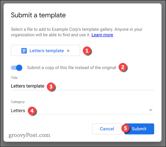 Kotak menu kirim template Google Docs