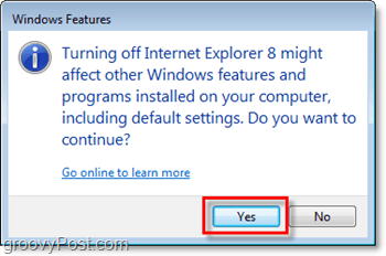 konfirmasi Anda benar-benar ingin menghapus internet explorer 8, matikan!