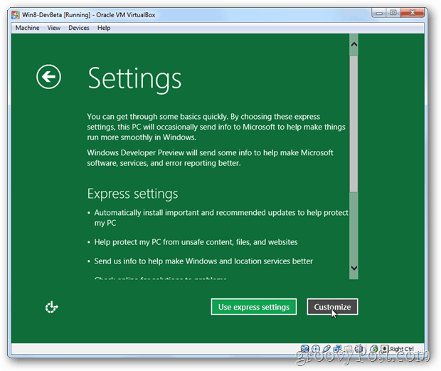 VirtualBox Windows 8 mengekspresikan atau menyesuaikan pengaturan