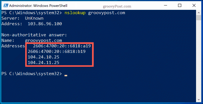Perintah NSlookup di Windows 10 PowerShell Window, menampilkan informasi pencarian server nama untuk Groovypost.com